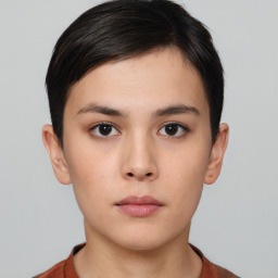 Neutral white young-adult female with short  brown hair and brown eyes