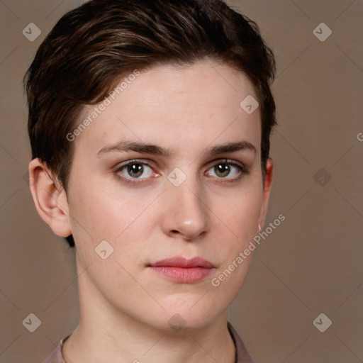 Neutral white young-adult female with short  brown hair and brown eyes