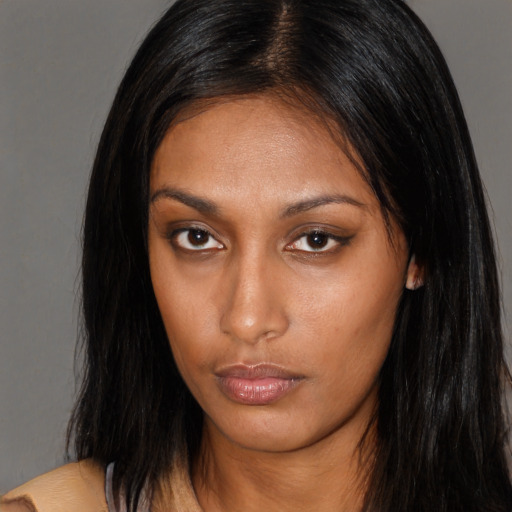 Neutral asian young-adult female with long  brown hair and brown eyes
