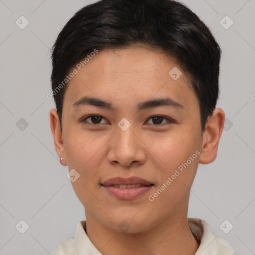 Joyful asian young-adult female with short  brown hair and brown eyes