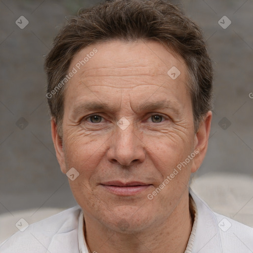 Joyful white middle-aged male with short  brown hair and brown eyes