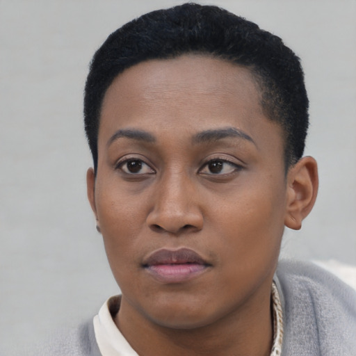 Neutral black young-adult female with short  black hair and brown eyes