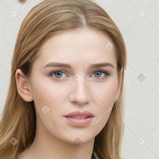 Neutral white young-adult female with long  brown hair and grey eyes