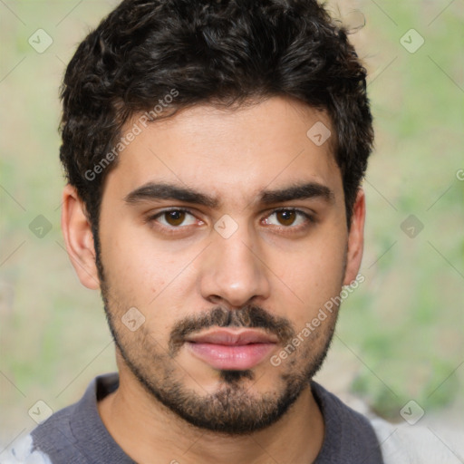 Neutral white young-adult male with short  black hair and brown eyes