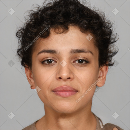 Neutral white young-adult female with short  brown hair and brown eyes