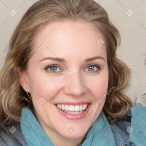 Joyful white young-adult female with medium  brown hair and blue eyes