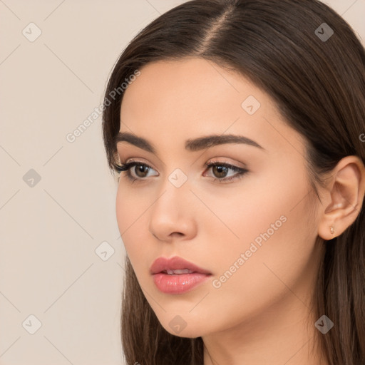 Neutral white young-adult female with long  brown hair and brown eyes