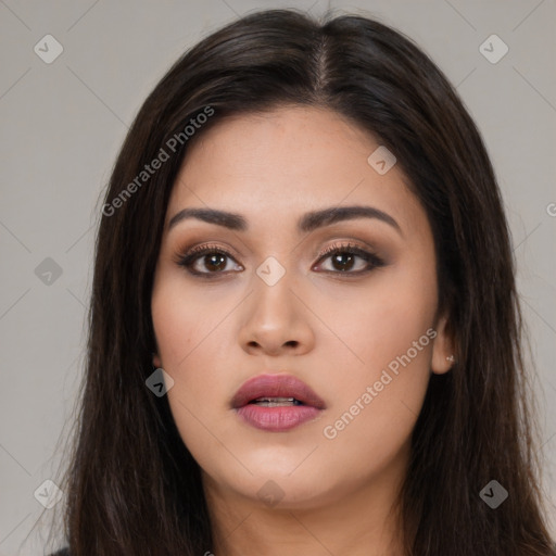 Neutral asian young-adult female with long  brown hair and brown eyes