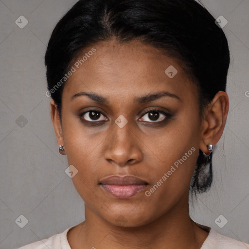 Neutral black young-adult female with short  black hair and brown eyes