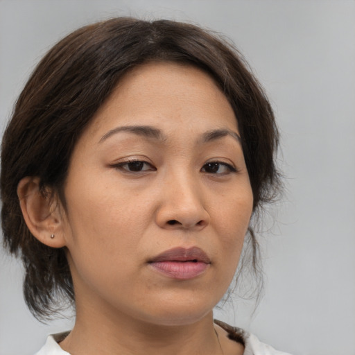 Joyful asian adult female with medium  brown hair and brown eyes