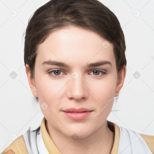 Neutral white young-adult female with short  brown hair and brown eyes