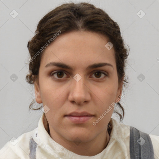 Neutral white young-adult female with short  brown hair and brown eyes