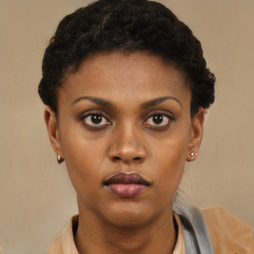 Neutral black young-adult female with short  black hair and brown eyes