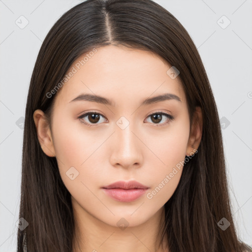 Neutral white young-adult female with long  brown hair and brown eyes