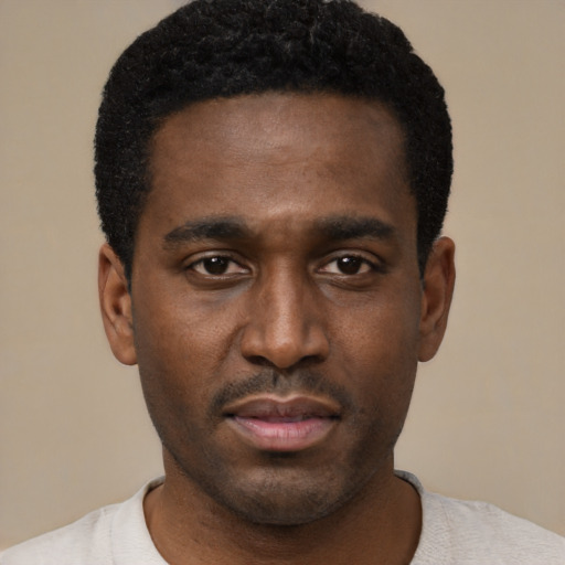 Neutral black young-adult male with short  black hair and brown eyes