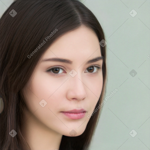 Neutral white young-adult female with long  brown hair and brown eyes