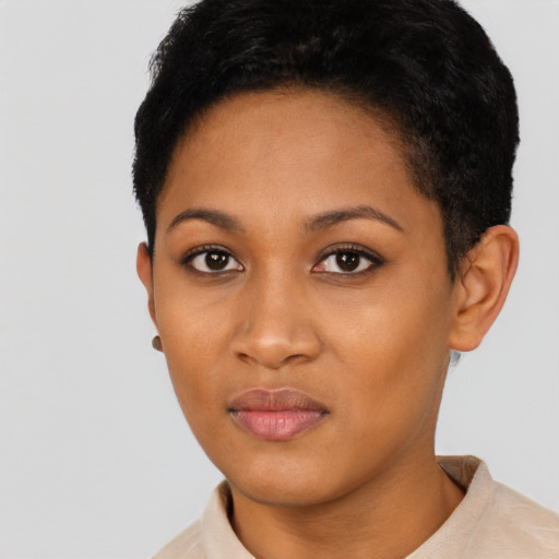 Neutral latino young-adult female with short  black hair and brown eyes