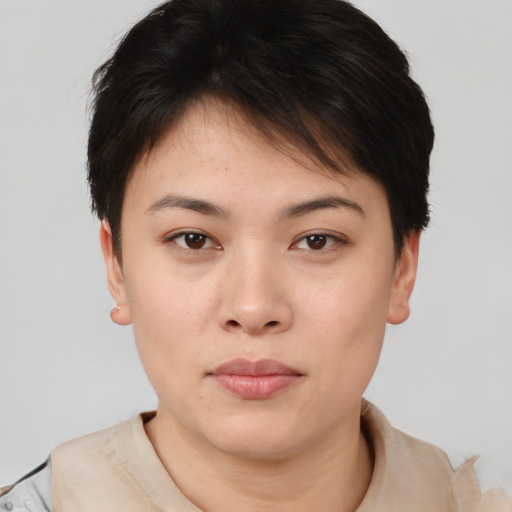 Neutral white young-adult female with short  brown hair and brown eyes