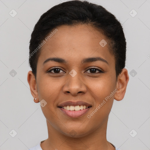 Joyful latino young-adult female with short  brown hair and brown eyes