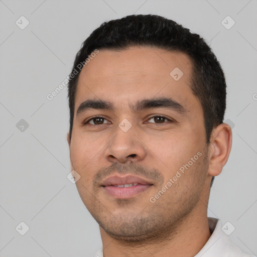 Neutral latino young-adult male with short  black hair and brown eyes