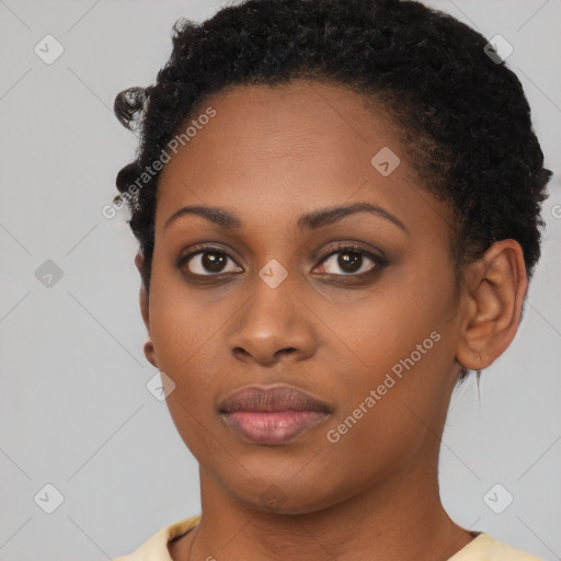 Neutral black young-adult female with short  brown hair and brown eyes