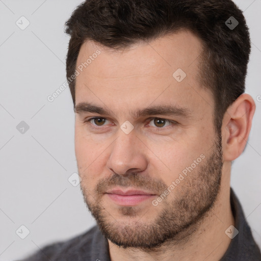 Neutral white adult male with short  brown hair and brown eyes