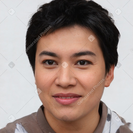 Joyful asian young-adult male with short  black hair and brown eyes