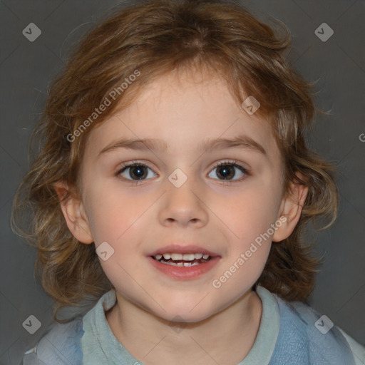 Joyful white child female with medium  brown hair and brown eyes