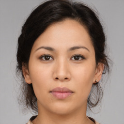 Neutral asian young-adult female with medium  brown hair and brown eyes