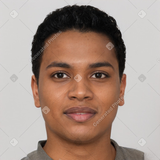 Joyful black young-adult male with short  black hair and brown eyes