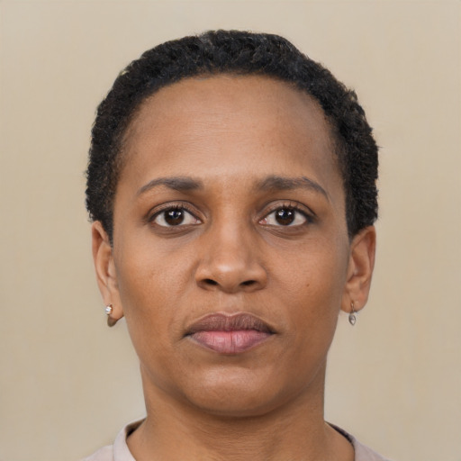 Neutral black young-adult female with short  black hair and brown eyes