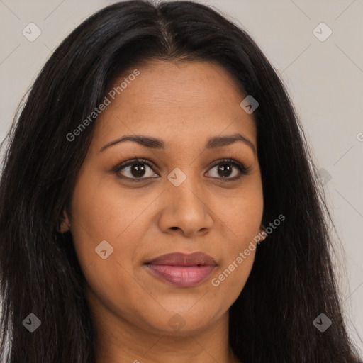 Joyful latino young-adult female with long  brown hair and brown eyes