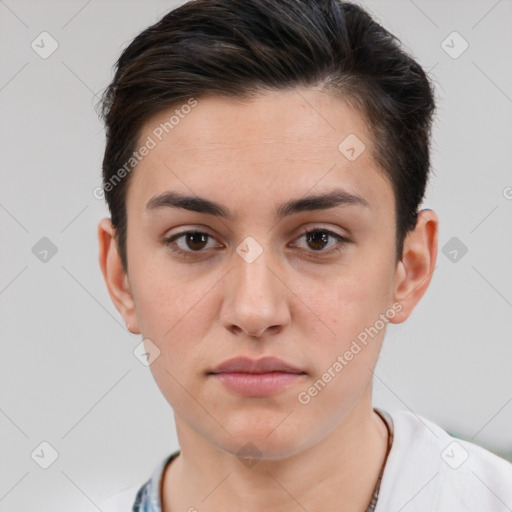 Neutral white young-adult female with short  brown hair and brown eyes