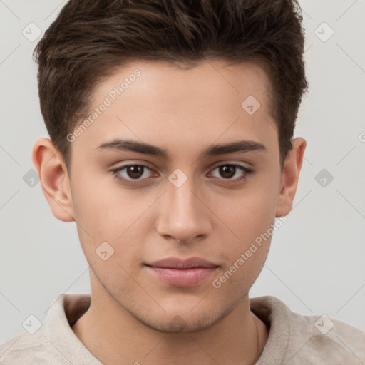 Neutral white young-adult male with short  brown hair and brown eyes