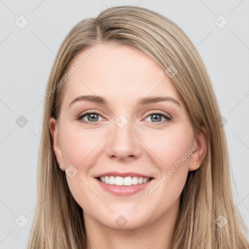 Joyful white young-adult female with long  brown hair and grey eyes