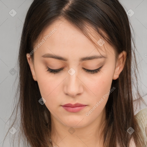 Neutral white young-adult female with long  brown hair and brown eyes