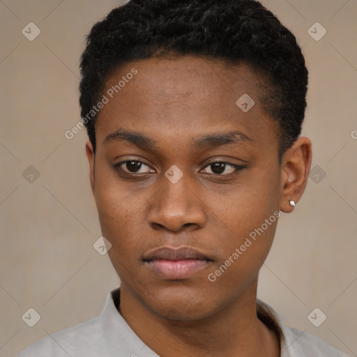 Neutral black young-adult male with short  black hair and brown eyes