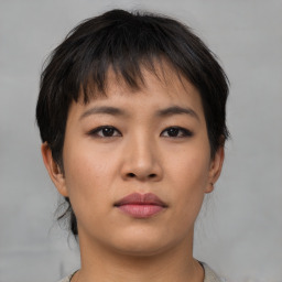 Neutral asian young-adult female with short  brown hair and brown eyes