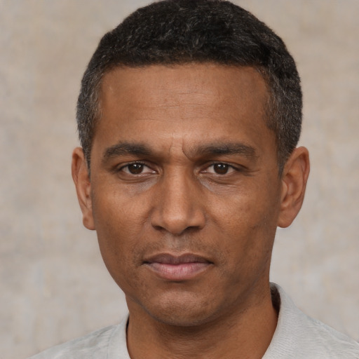 Neutral black adult male with short  black hair and brown eyes