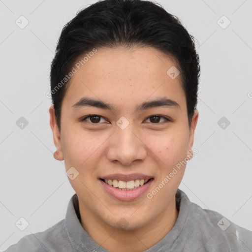 Joyful asian young-adult male with short  brown hair and brown eyes