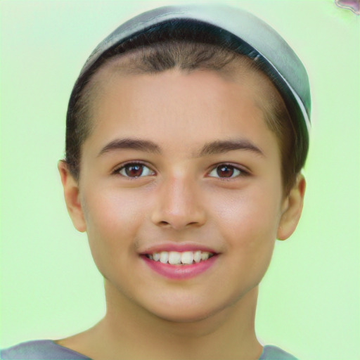 Joyful white child female with short  brown hair and brown eyes