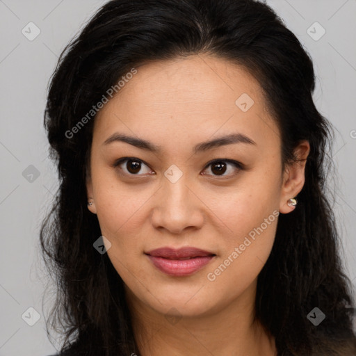 Joyful asian young-adult female with long  brown hair and brown eyes