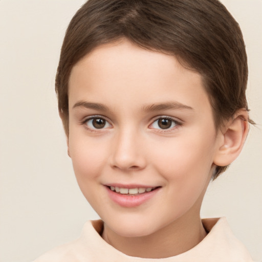 Joyful white child female with short  brown hair and brown eyes