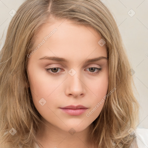 Neutral white young-adult female with long  brown hair and brown eyes