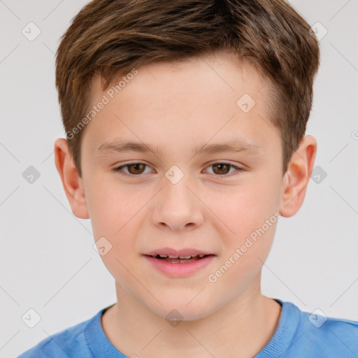 Joyful white child male with short  brown hair and brown eyes