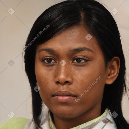 Neutral asian young-adult female with medium  black hair and brown eyes