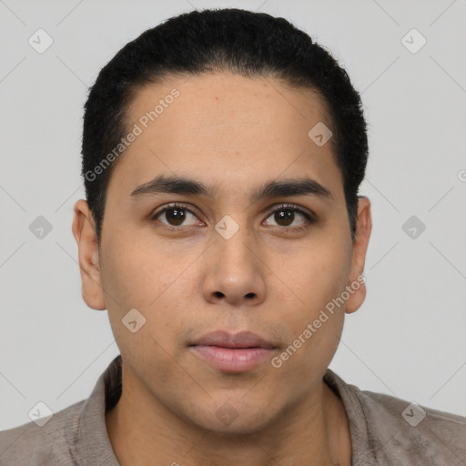 Neutral latino young-adult male with short  brown hair and brown eyes