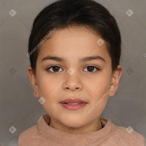 Joyful white child female with short  brown hair and brown eyes