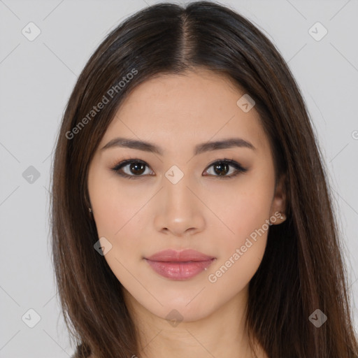 Neutral asian young-adult female with long  brown hair and brown eyes