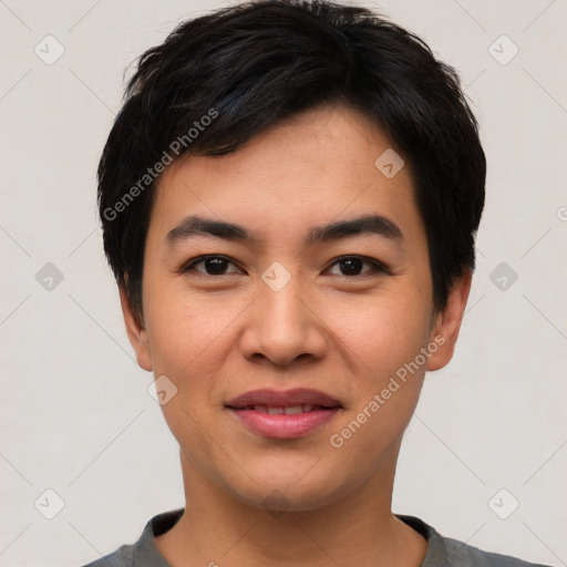 Joyful asian young-adult male with short  black hair and brown eyes